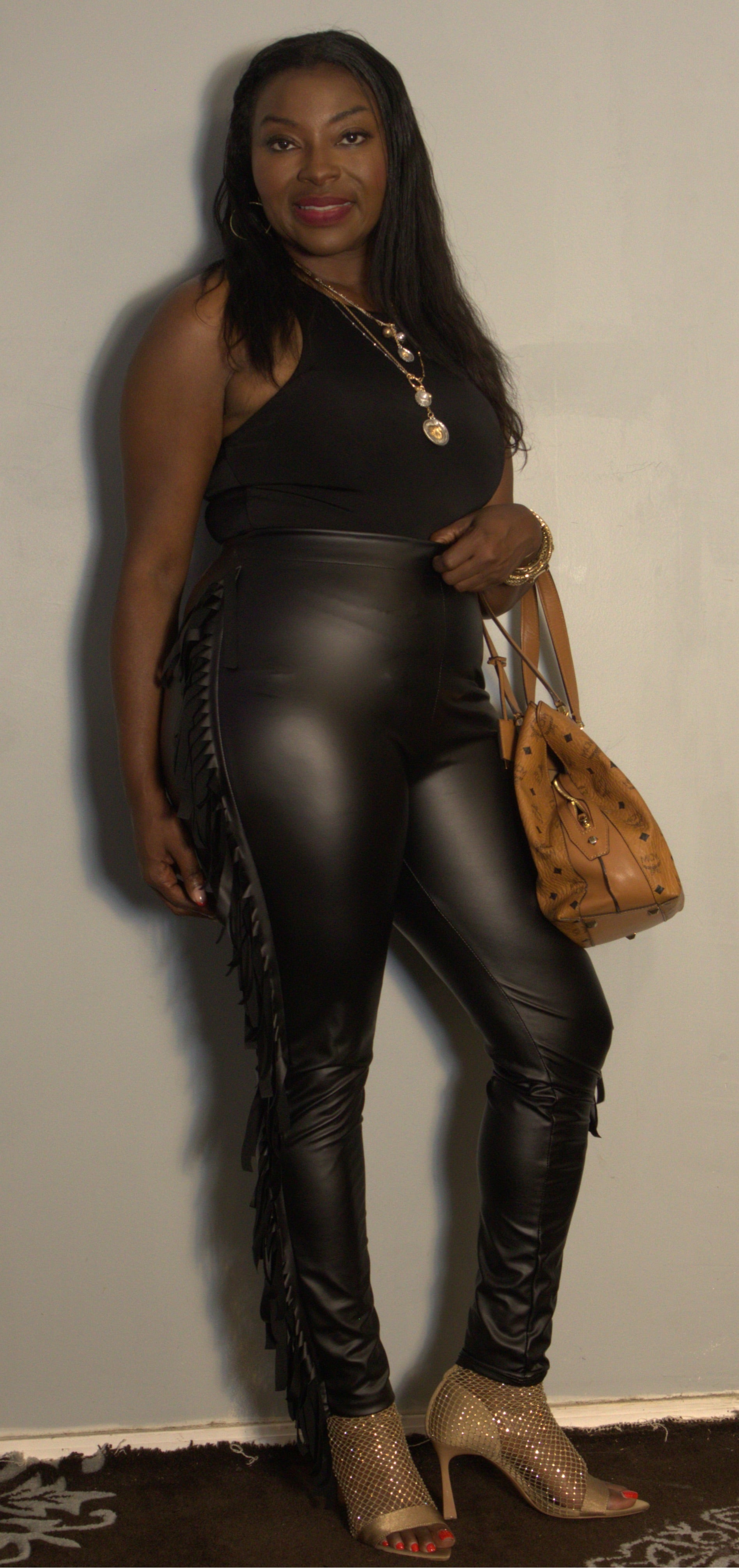 Faux Leather Fringe Side Leggings - Contemporary Body Size