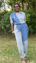 French Terry Color Block Denim Detail Top Pockets Pants Set