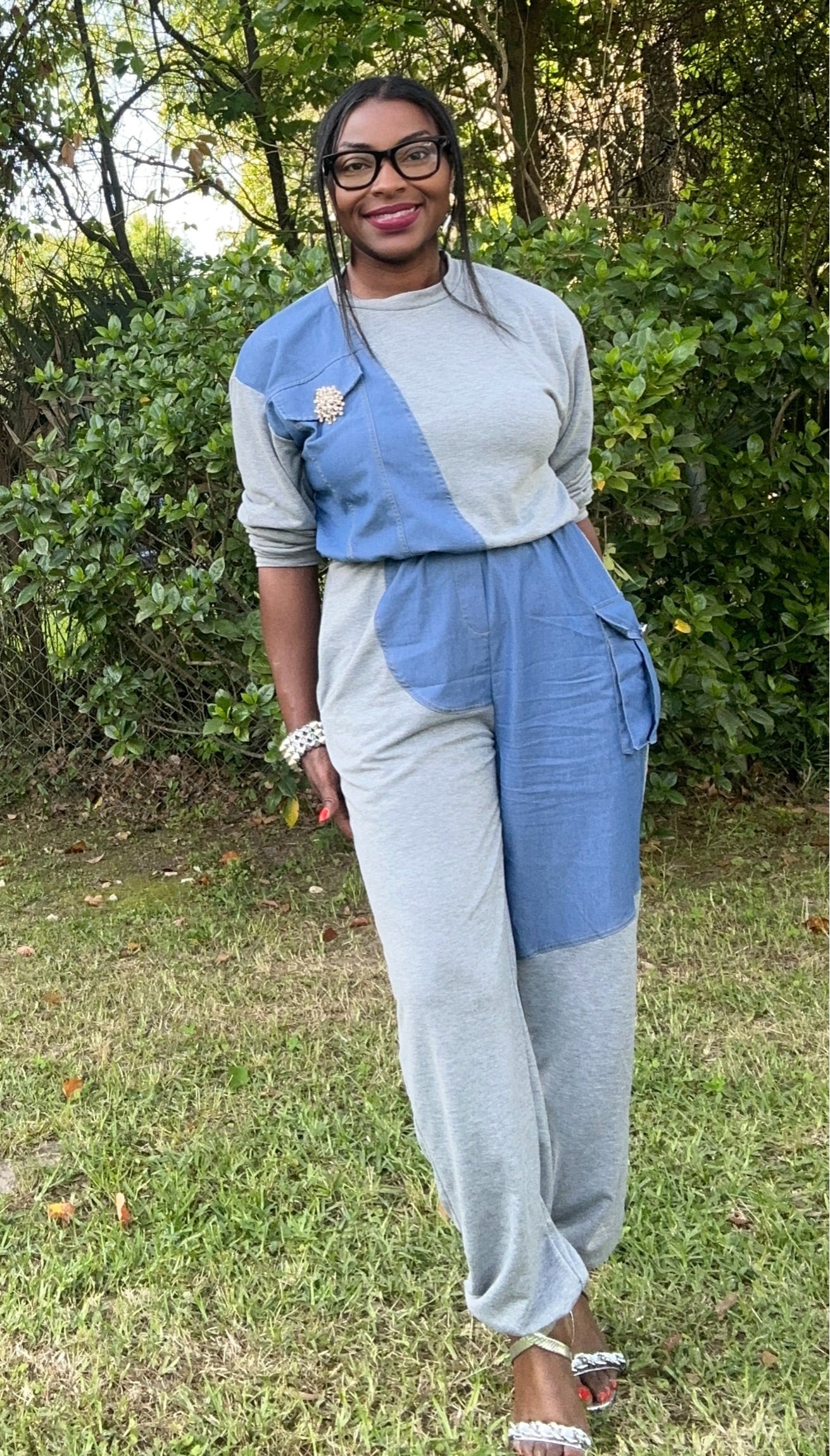 French Terry Color Block Denim Detail Top Pockets Pants Set