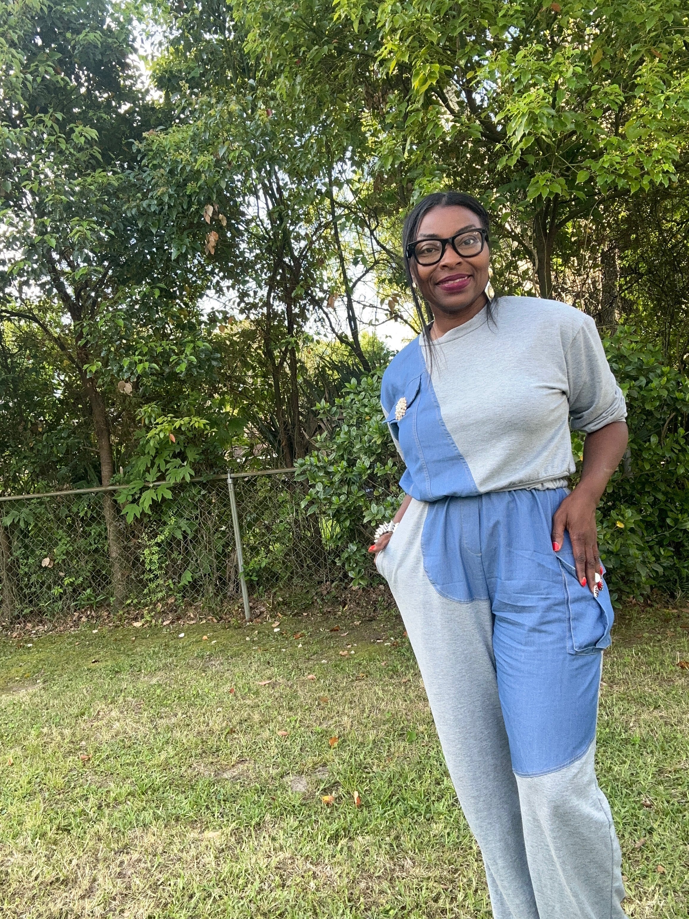 French Terry Color Block Denim Detail Top Pockets Pants Set
