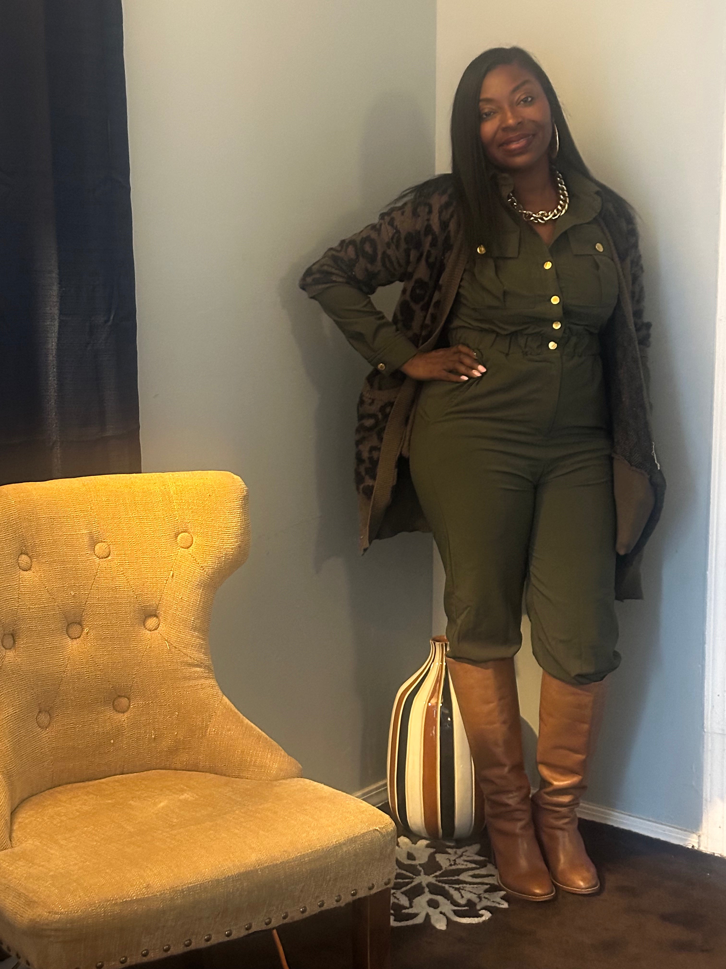 Olive Front Button Down Side Side Pockets Jumpsuits