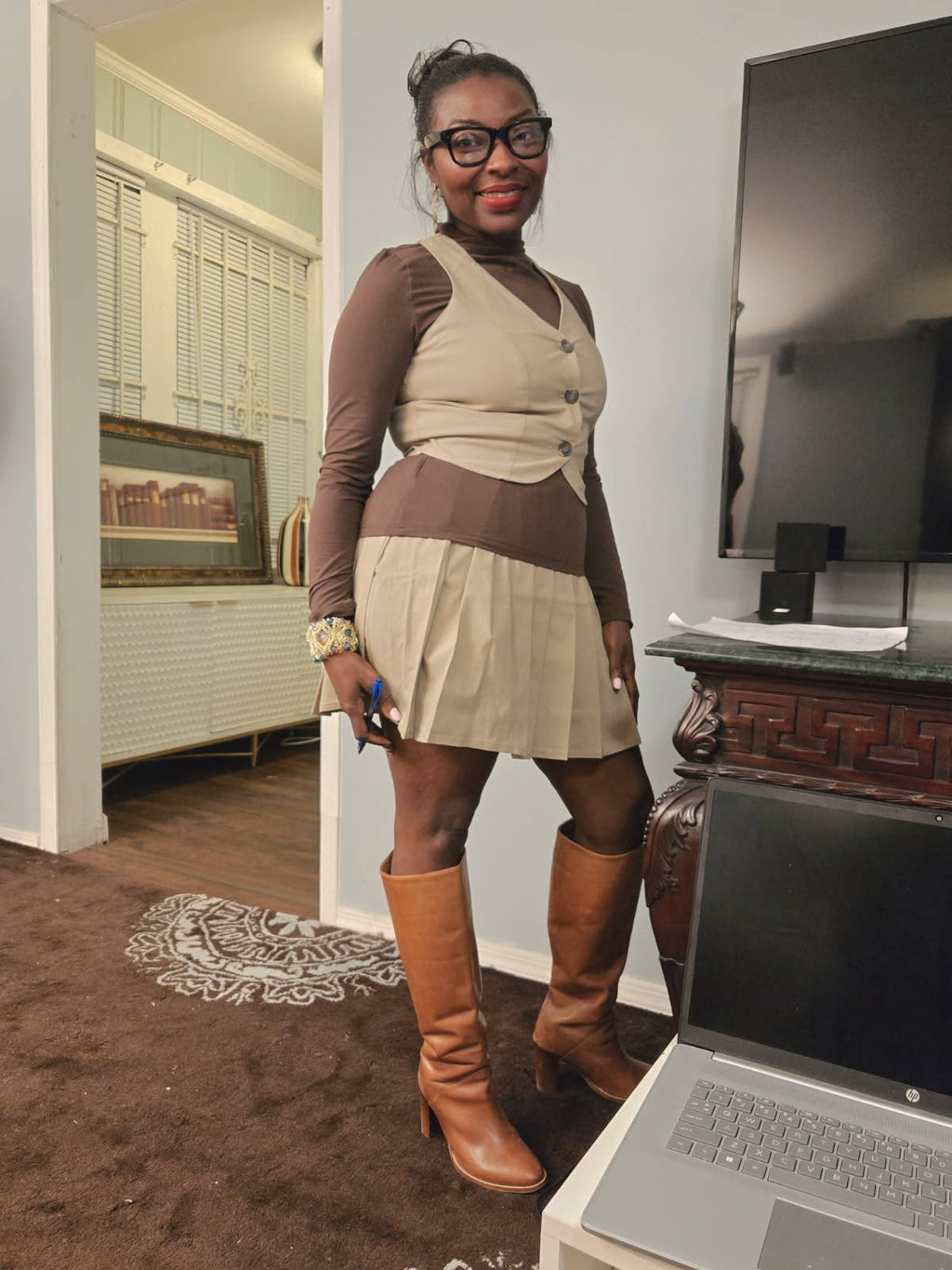 V-Neck Button Down Vest & Pleated Mini Skirt Set