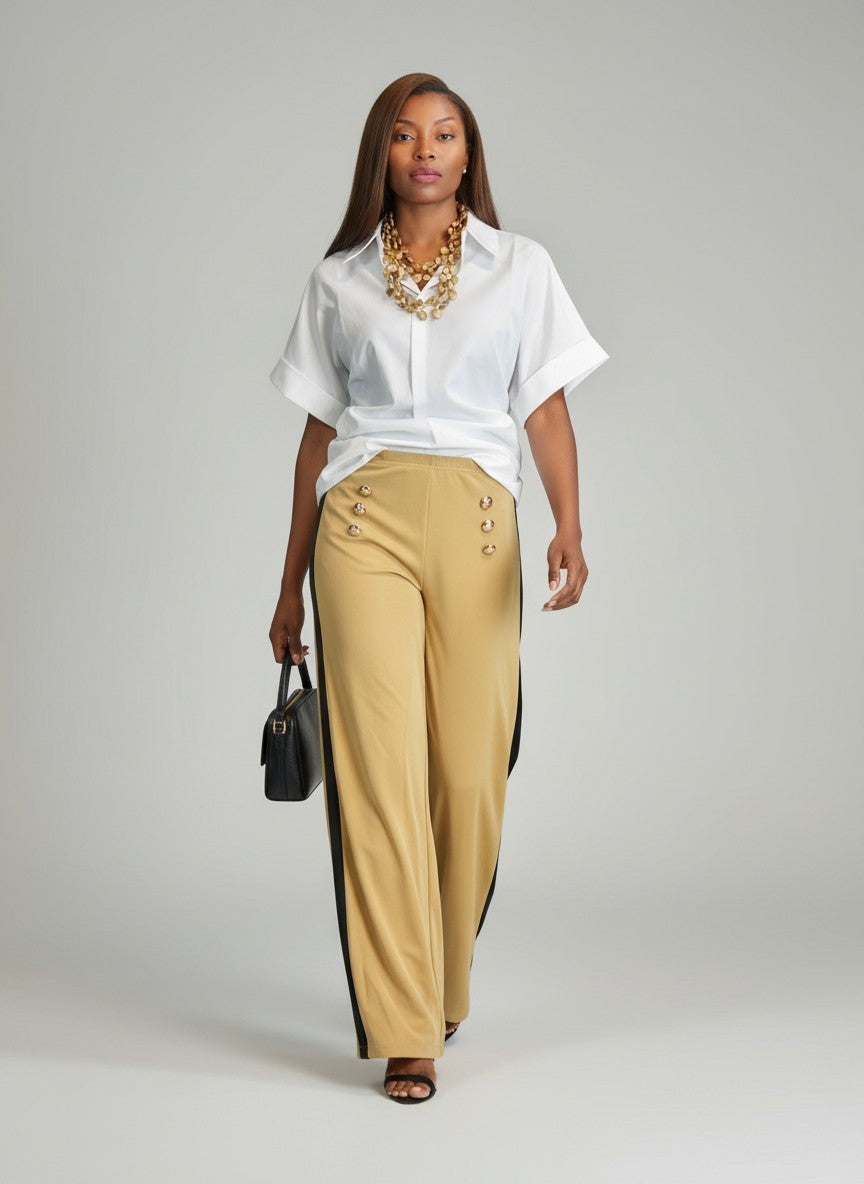 Side Stripe Pants with Button Detail