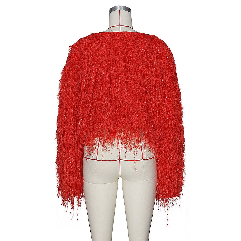 Stylish Hand-Knitted Pullover Sweater with Fringe