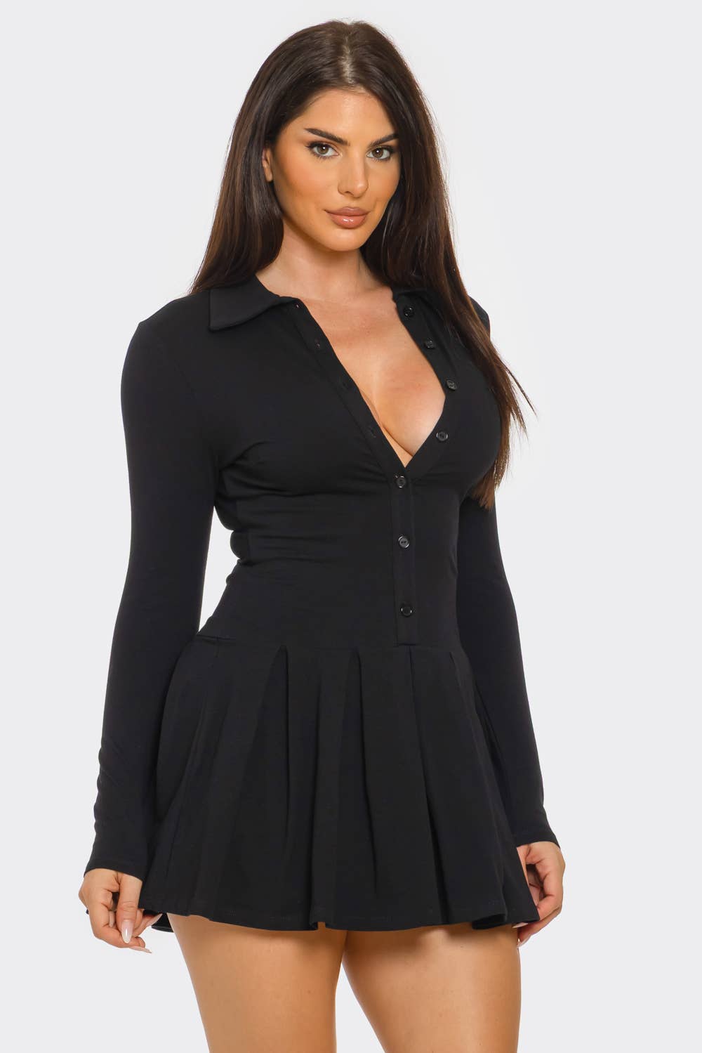 Black Front Button Down Pleated Mini Romper Dress