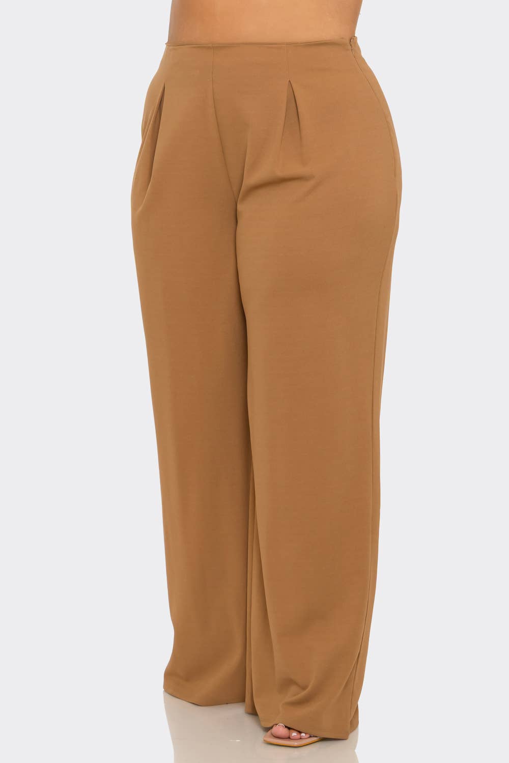 Curvy Front Pleated Side Zipper Wide Leg Pants
