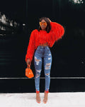 Stylish Hand-Knitted Pullover Sweater with Fringe