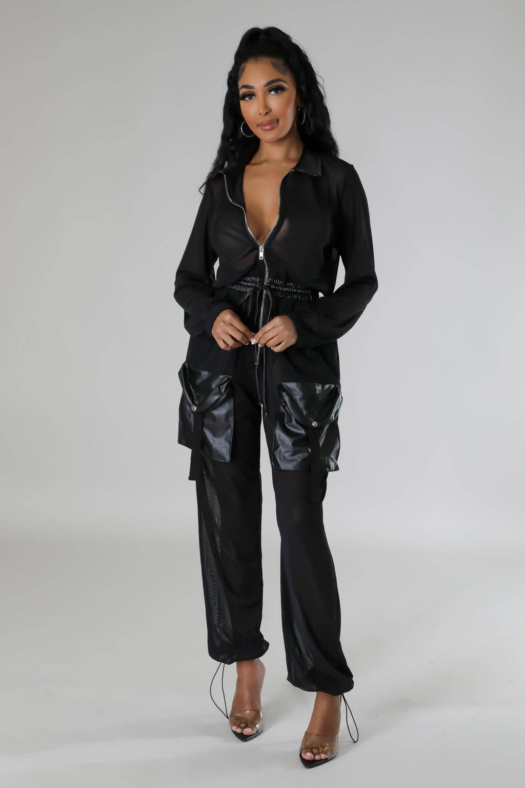 Elastic Waist Mesh Contrast Jumpsuit