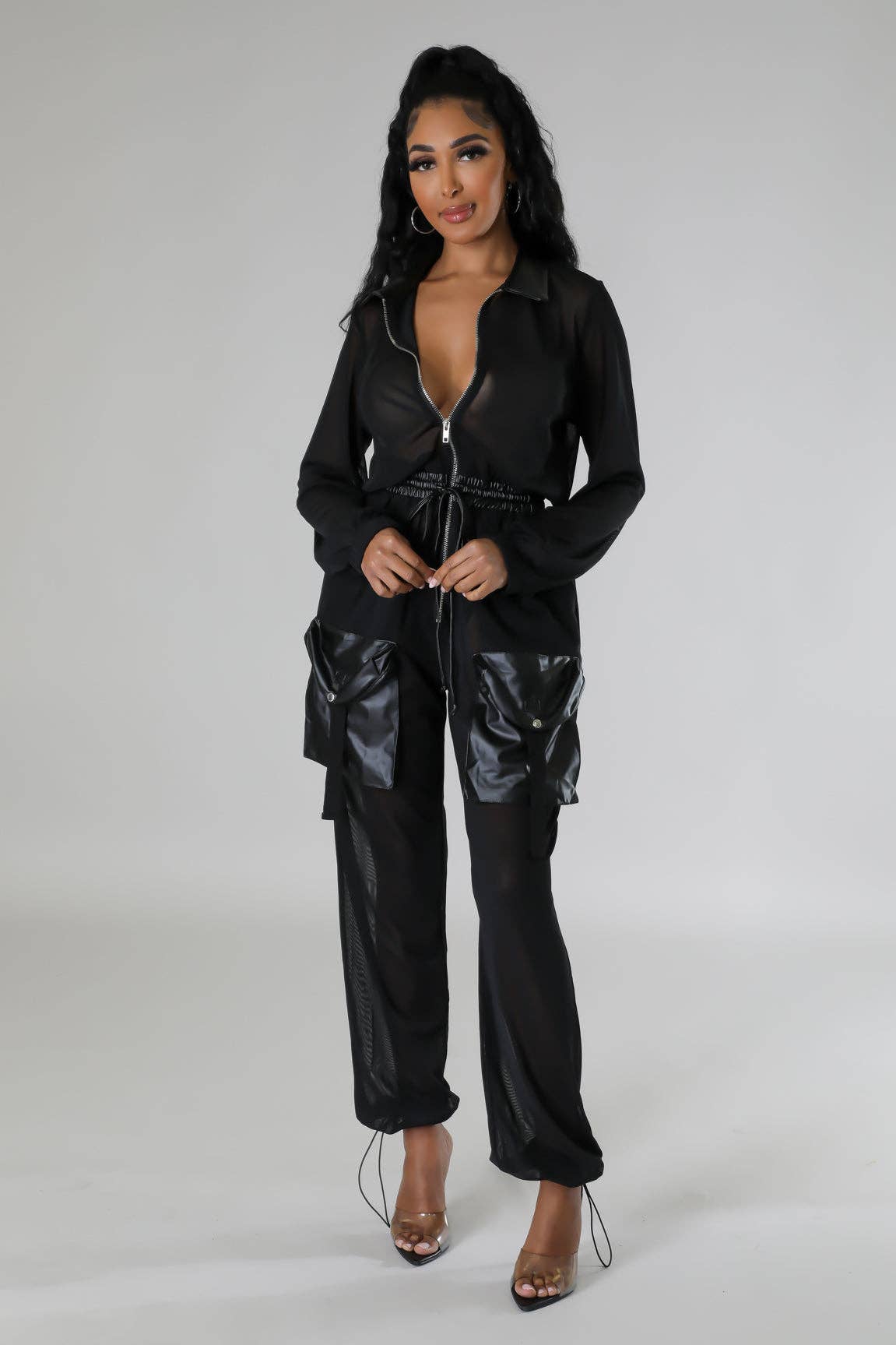 Elastic Waist Mesh Contrast Jumpsuit