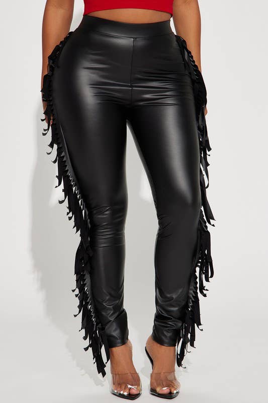 Faux Leather Fringe Side Leggings - Contemporary Body Size