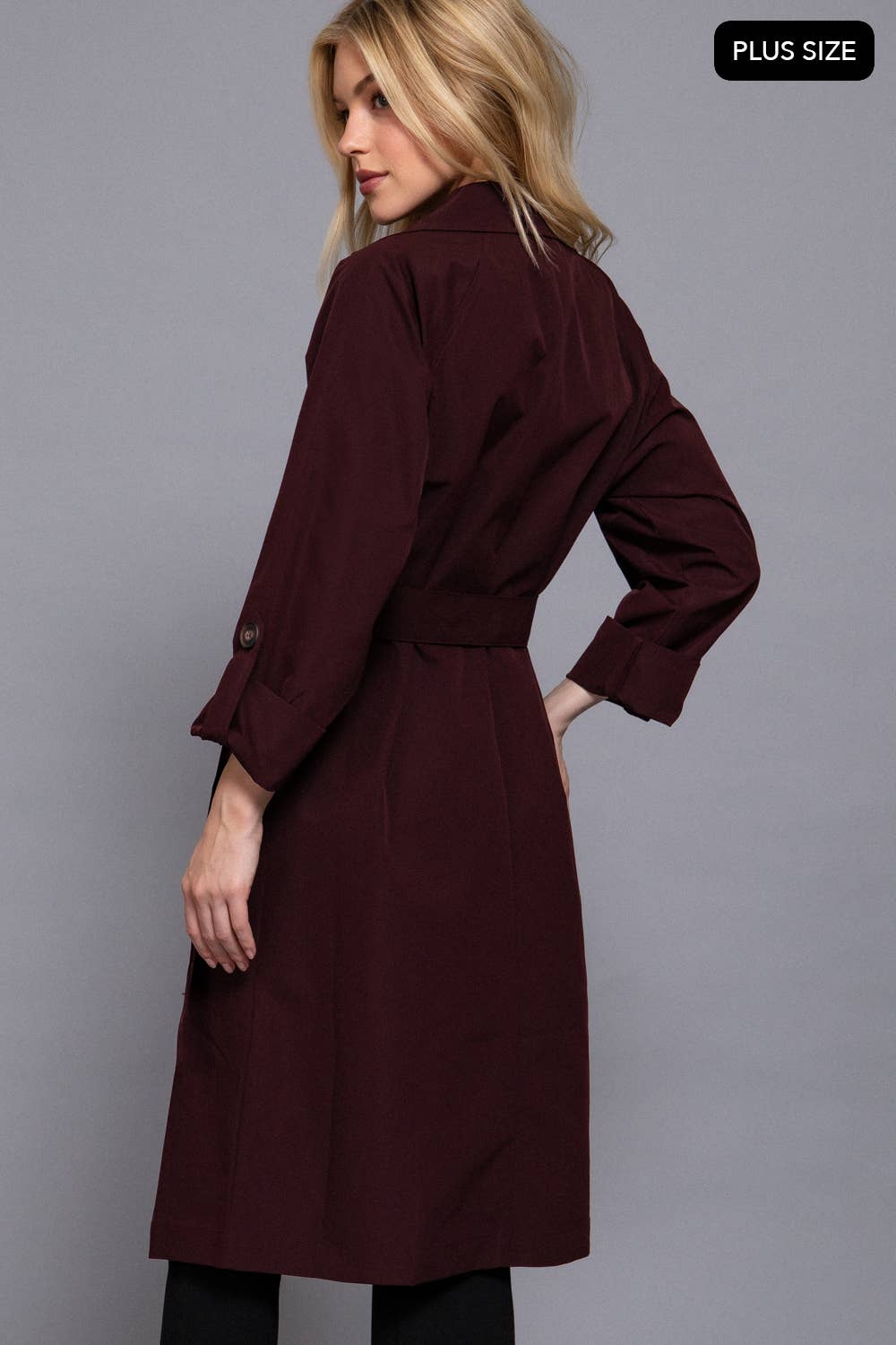 Curvy Long Sleeve V-Neck Lapel Collar Trench Coat with