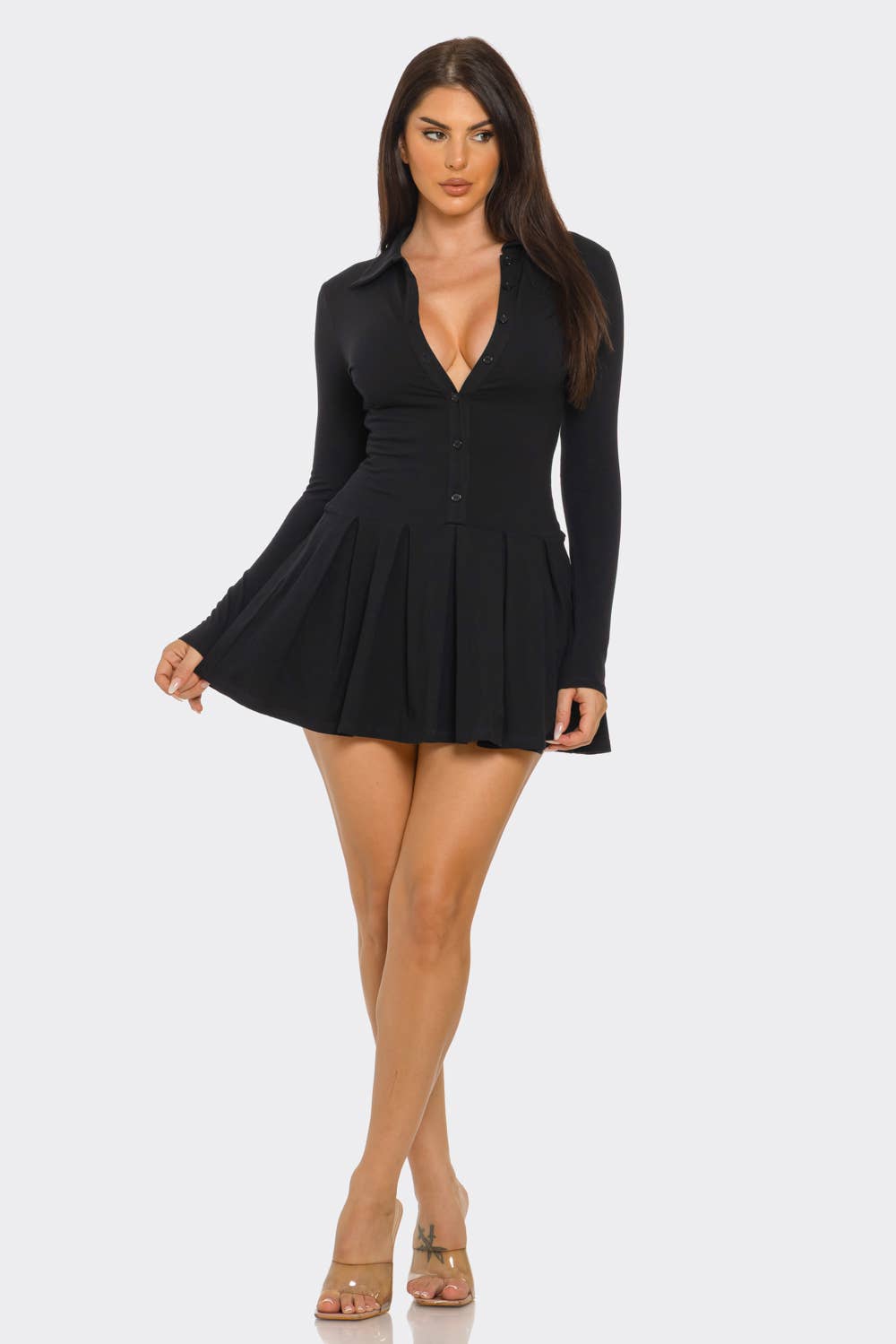 Black Front Button Down Pleated Mini Romper Dress