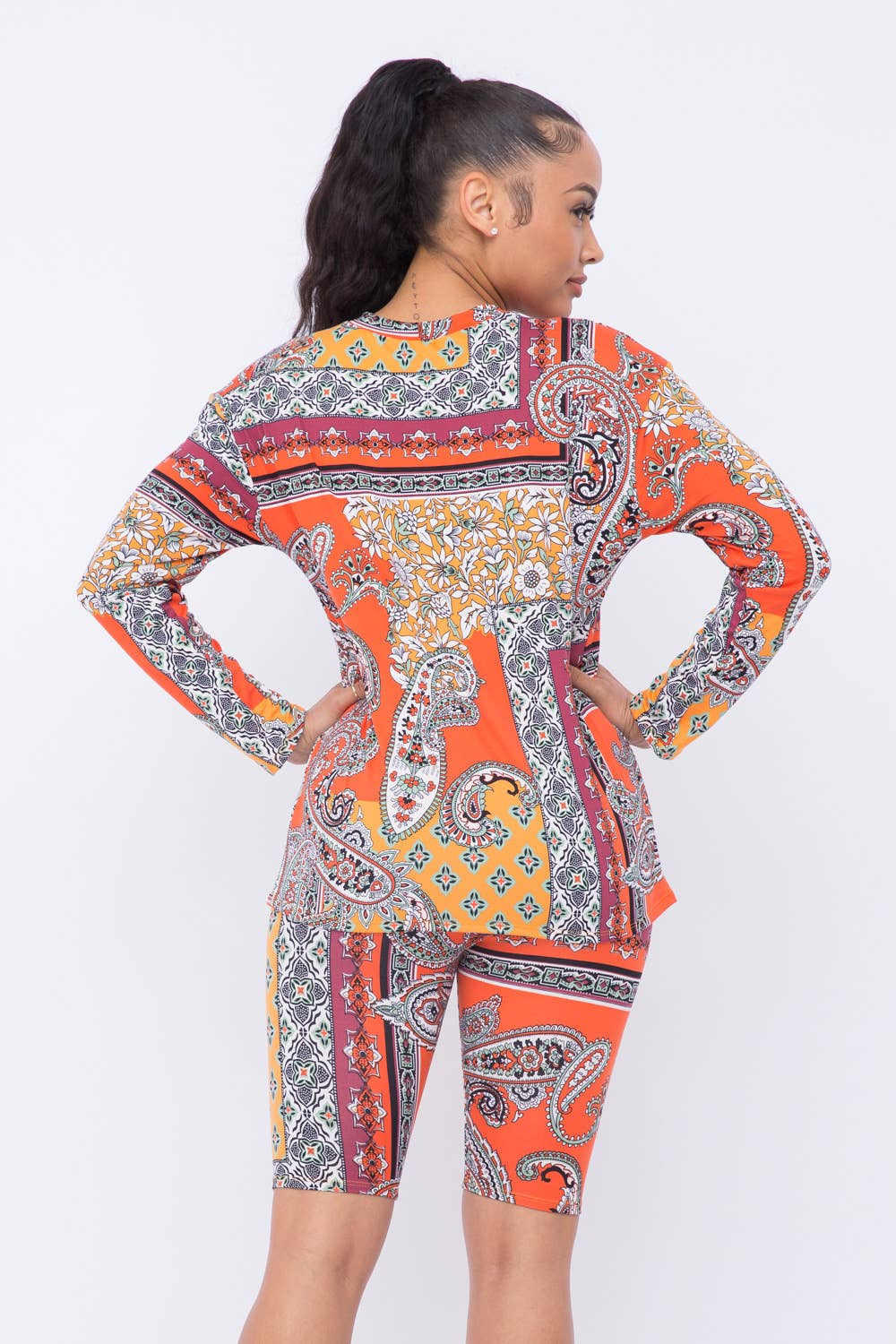 Print Round Neck Long Sleeve Top and Bike Shorts Set
