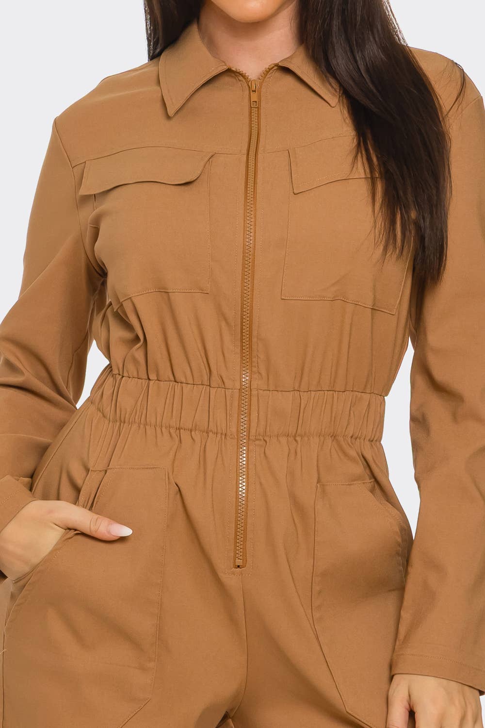 Front Zipper Detail Elastic Waistband Jumpsuit