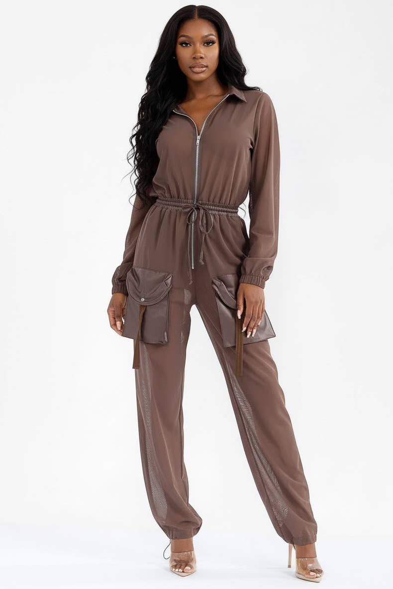 Elastic Waist Mesh Contrast Jumpsuit