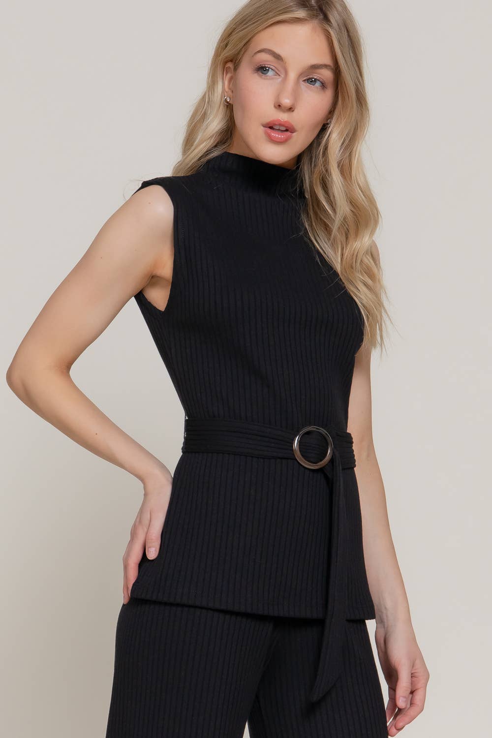 Sleeveless Mock Neck with Waist Belt Rib Knit Top