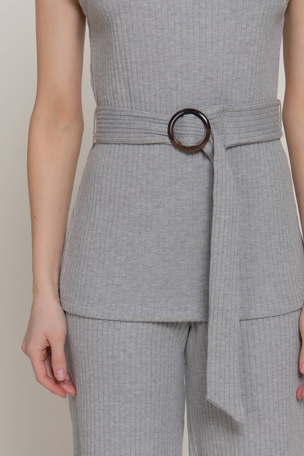 Sleeveless Mock Neck with Waist Belt Rib Knit Top