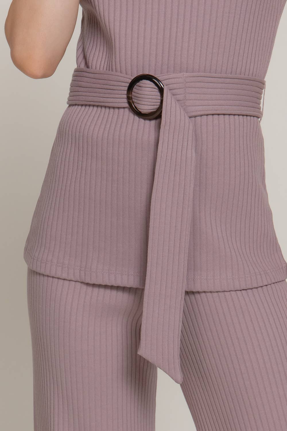 Sleeveless Mock Neck with Waist Belt Rib Knit Top