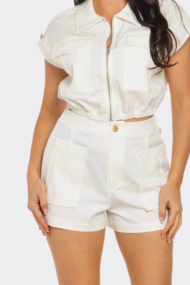 Front Zip Up Side Pockets Top And Shorts Set