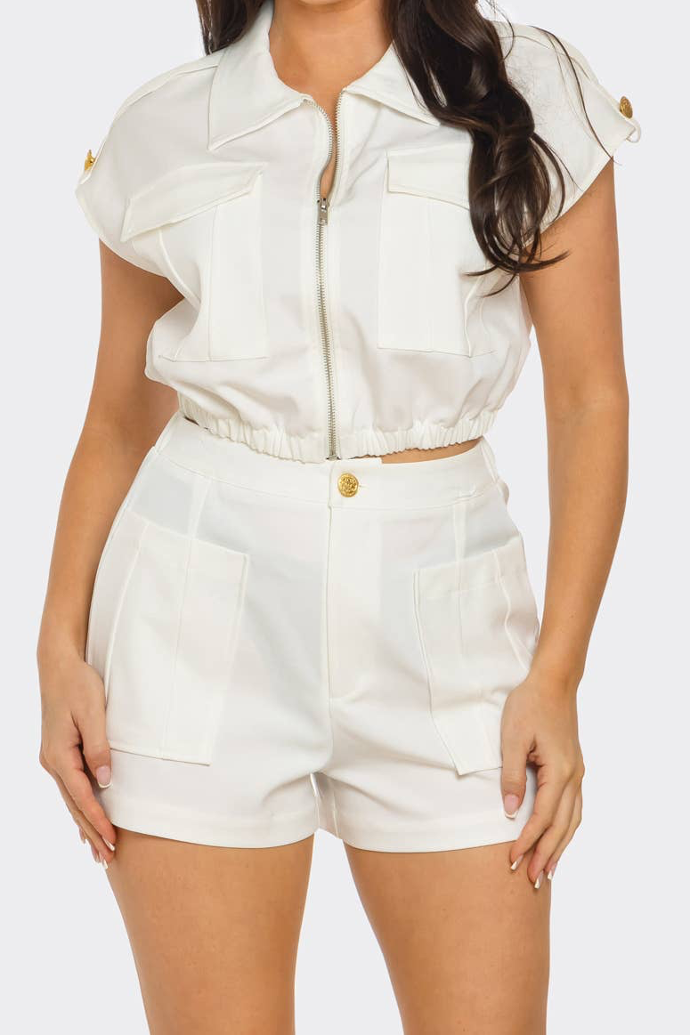 Front Zip Up Side Pockets Top And Shorts Set