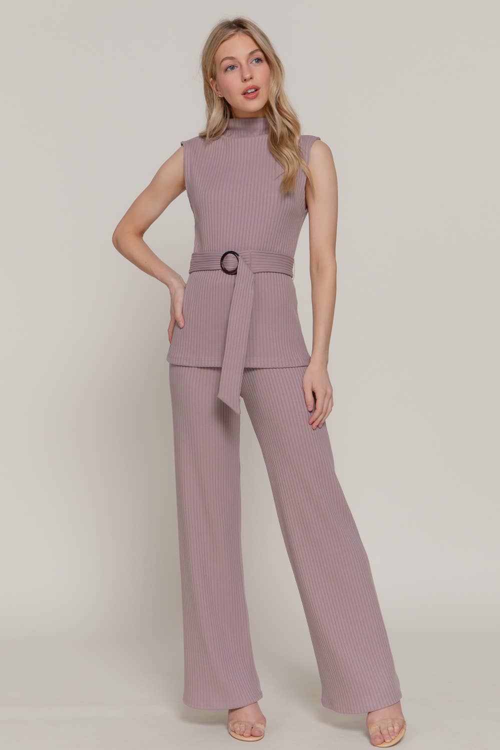 Sleeveless Mock Neck with Waist Belt Rib Knit Top