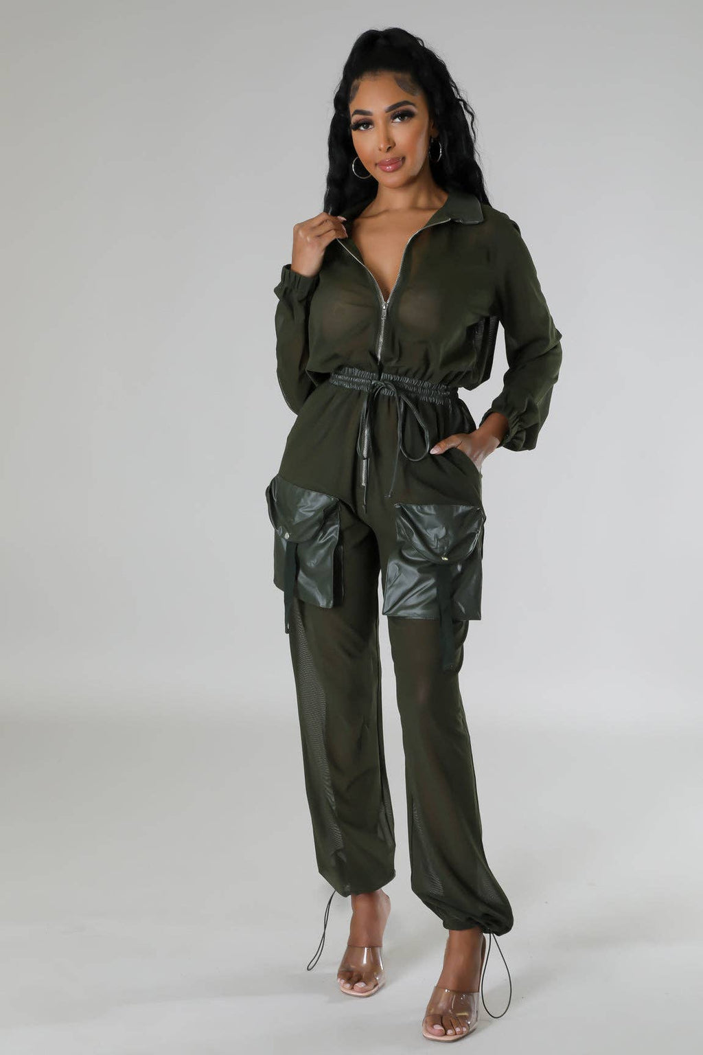 Elastic Waist Mesh Contrast Jumpsuit