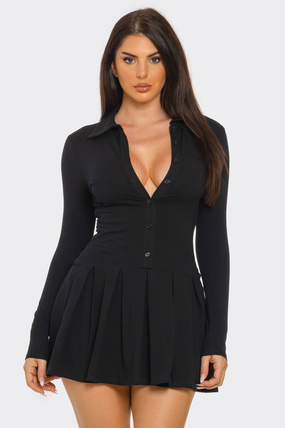 Front Button Down Pleated Mini Dress