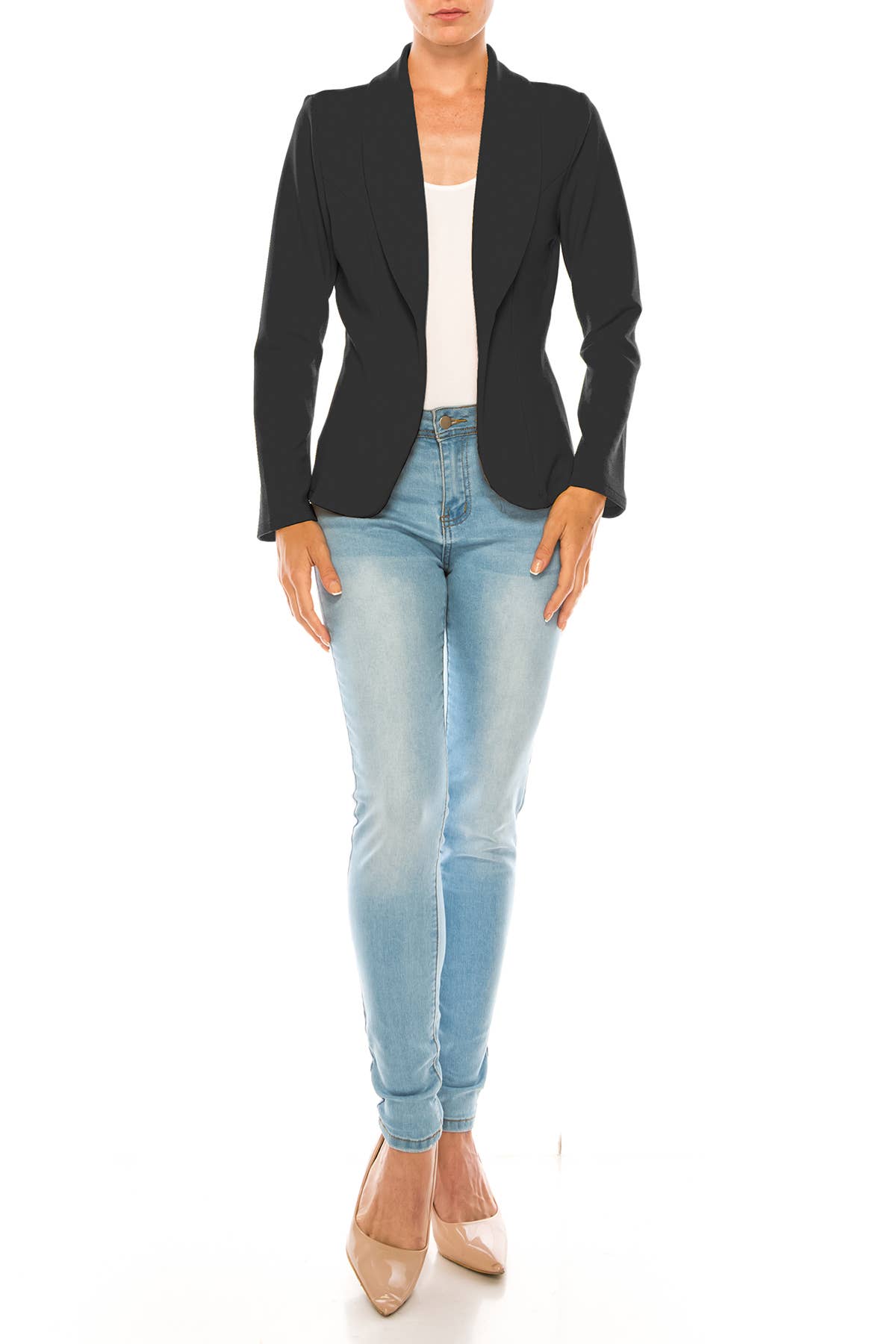 Women’s Solid Open Front Fitted Blazer Jacket – Waist Length