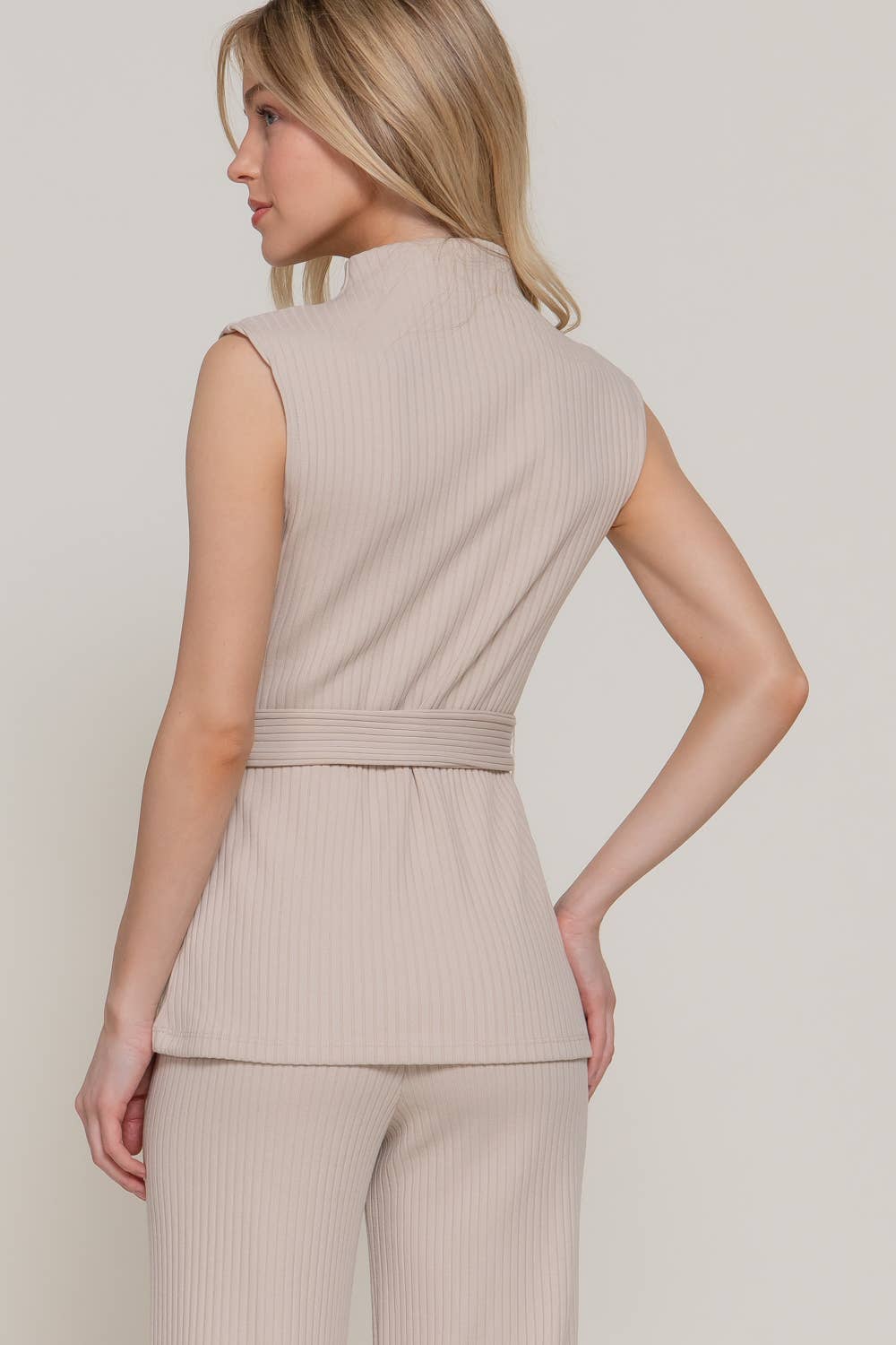 Sleeveless Mock Neck with Waist Belt Rib Knit Top