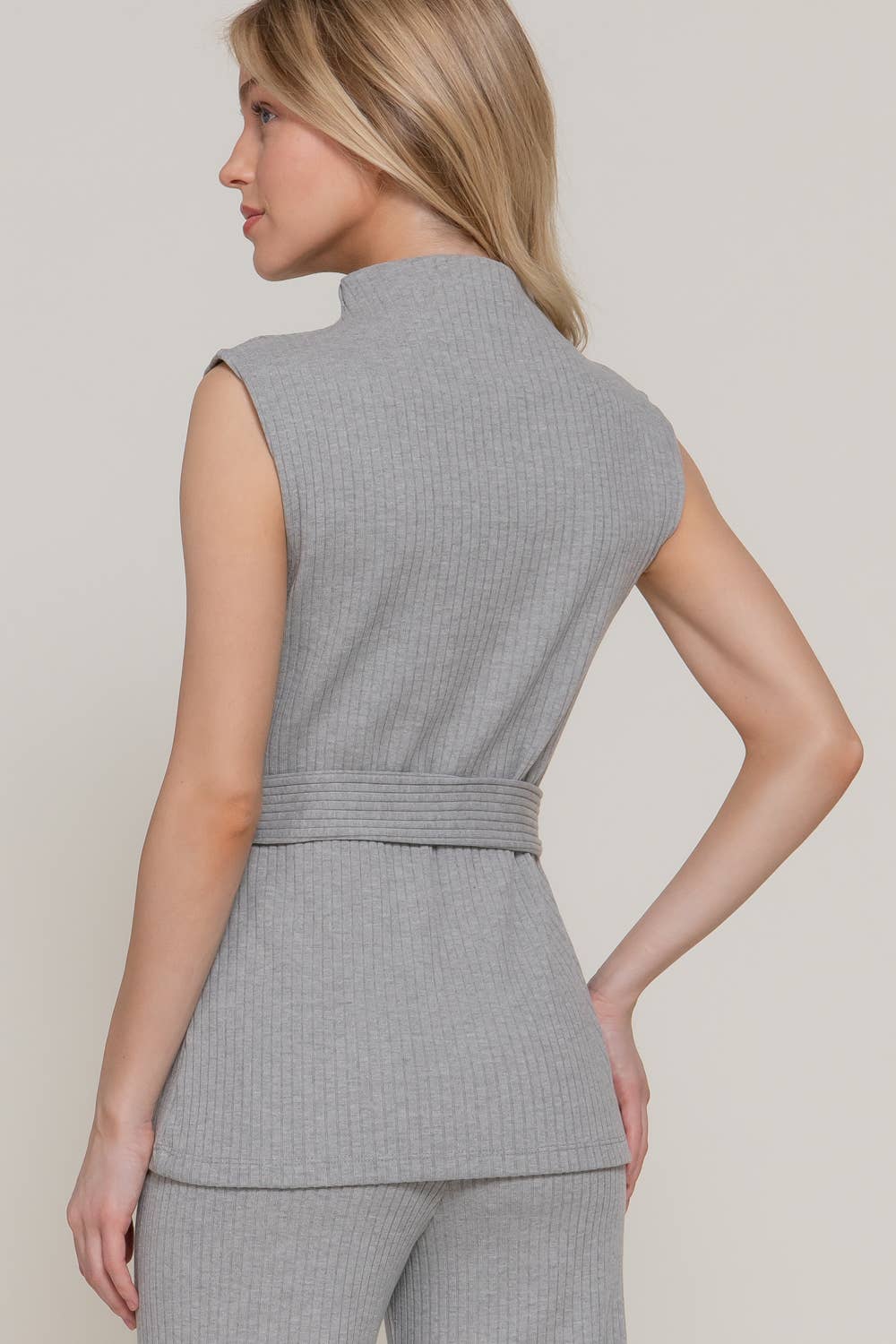 Sleeveless Mock Neck with Waist Belt Rib Knit Top