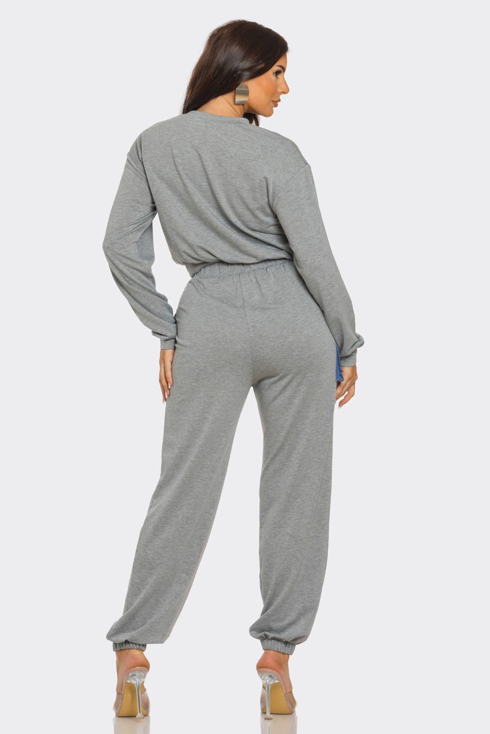 French Terry Color Block Denim Detail Top Pockets Pants Set