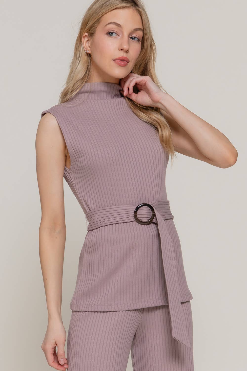 Sleeveless Mock Neck with Waist Belt Rib Knit Top