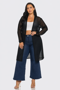 Plus Size Mesh Solid Side Slits Long Sleeve Cardigan