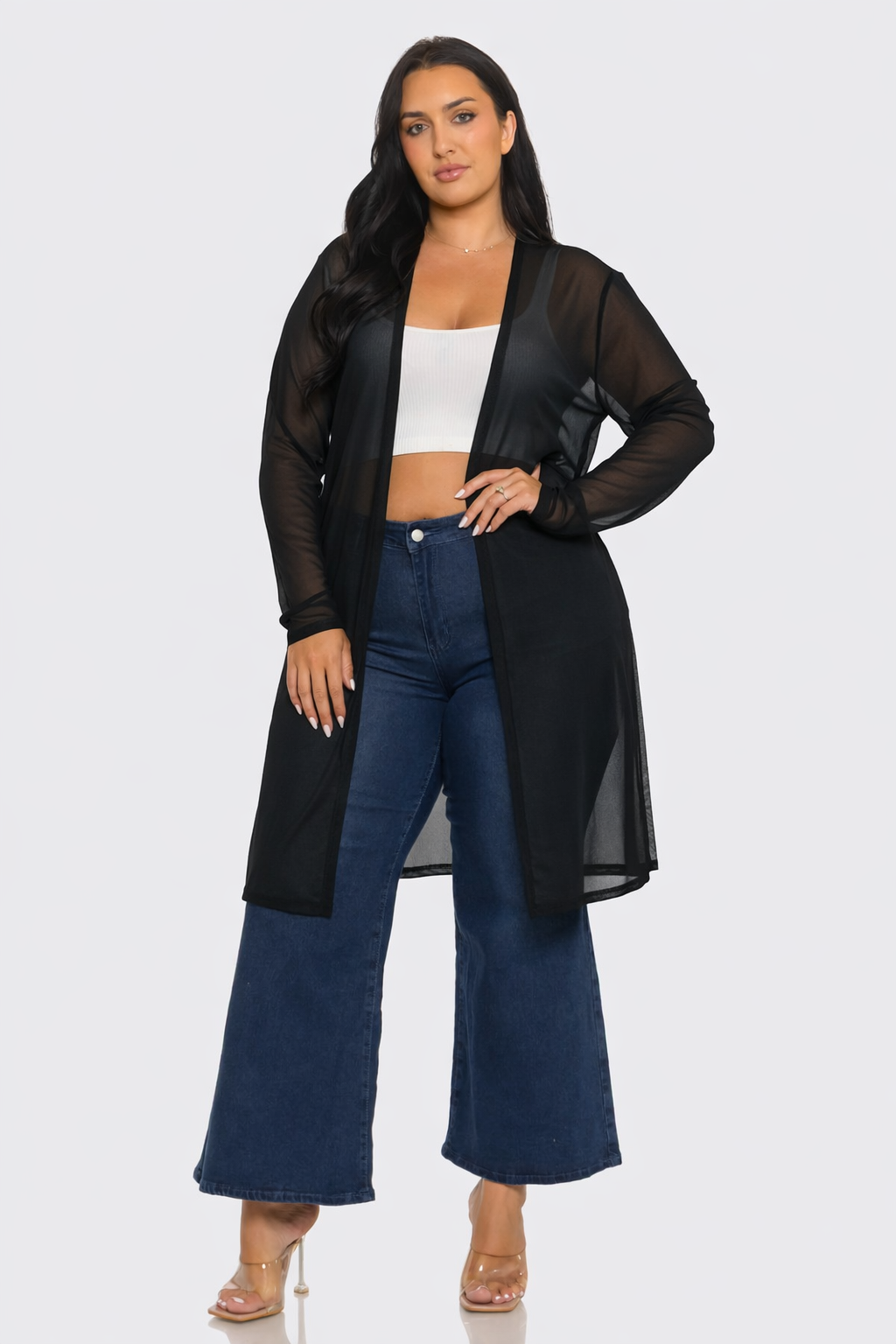 Plus Size Mesh Solid Side Slits Long Sleeve Cardigan